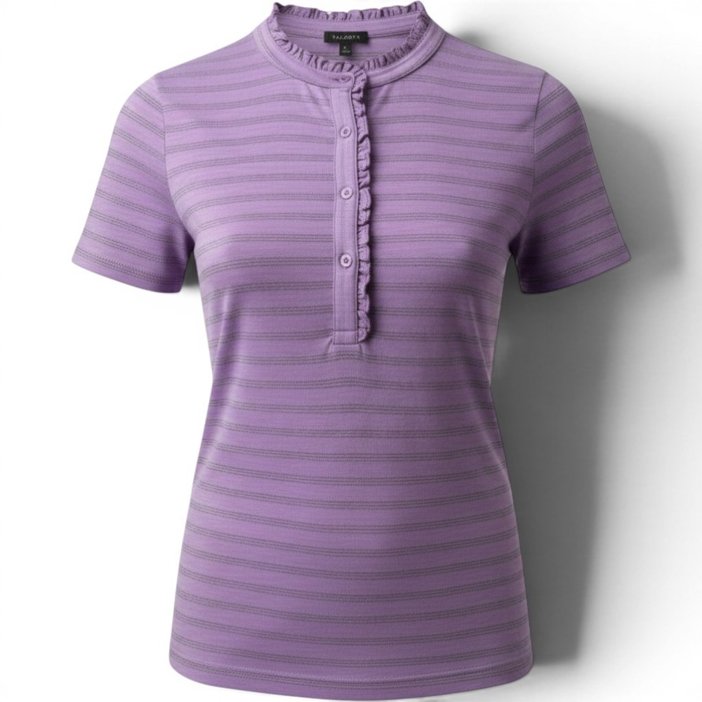 Talbots Womens Purple Textured Stripe Ruffle Henley Short Sleeve Top NWT Size M
